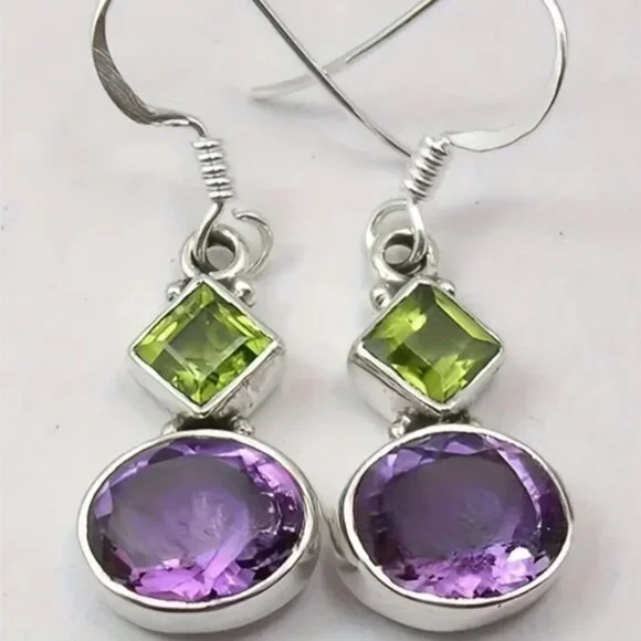 18k Gold Electro-Plated Bohemian Green & Purple Lab Created Zirconia Earrings - Picture 1 of 2